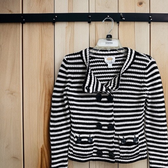 Talbots Petite Sm. Striped Cardigan Black White Cotton Pockets Classic Layering - Picture 3 of 7